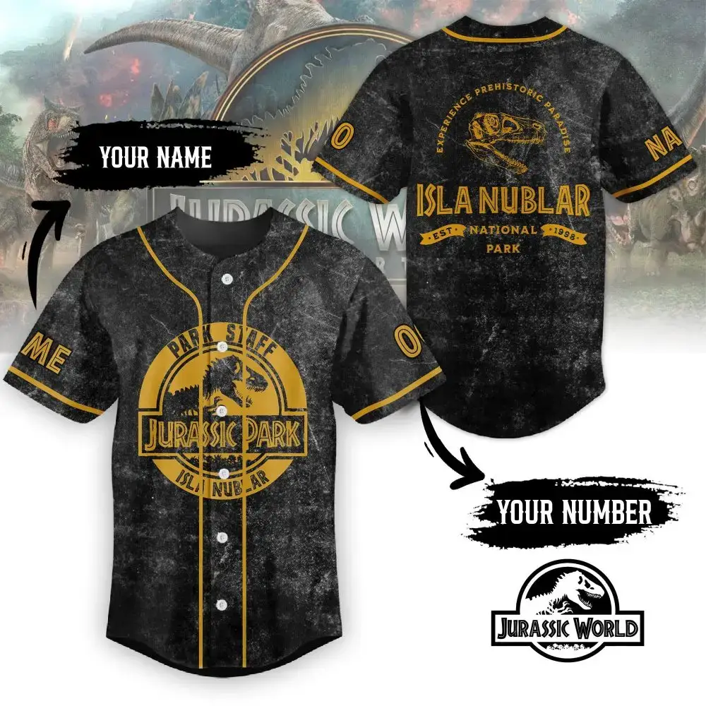 Custom Jurassic Park Baseball Jersey - Personalized Name & Number - Isla Nublar Park Staff Tee Image