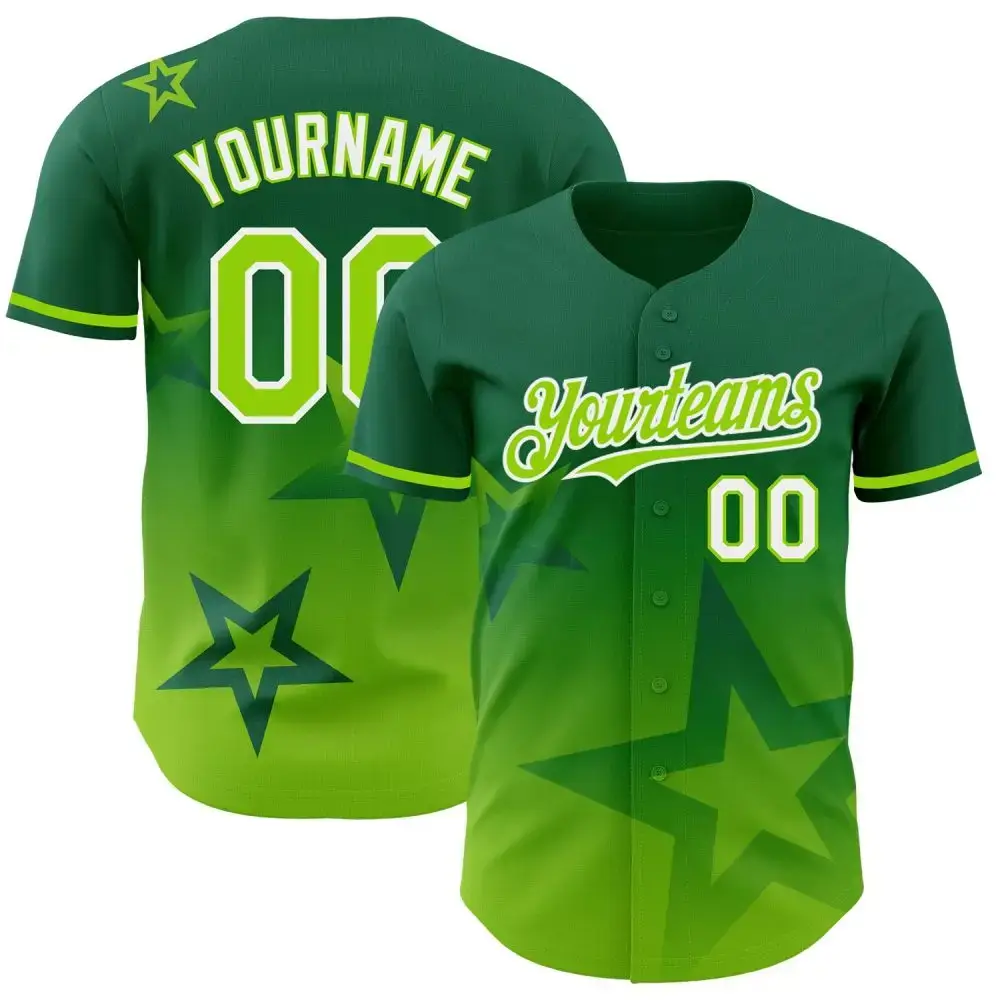 Custom Kelly Green Neon Green-White 3D Pattern Design Gradient Style Twinkle Star Authentic Baseball Jersey Image
