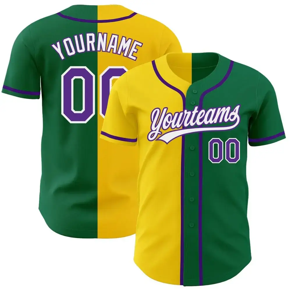 Custom Kelly Green Purple-Yellow Authentic Split Fashion Baseball Jersey Image
