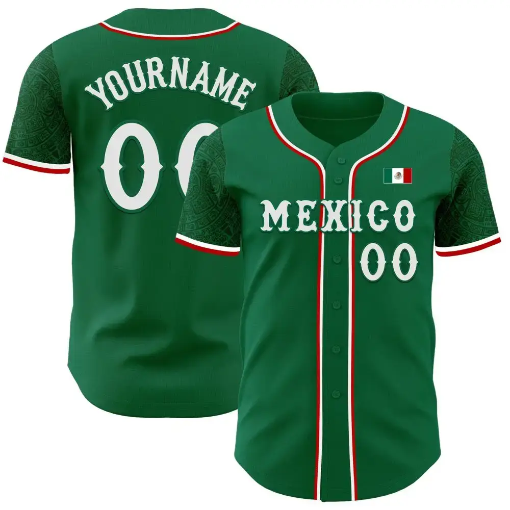 Custom Kelly Green White-Red 3D Mexico Mexican Flag Authentic Baseball Jersey Image