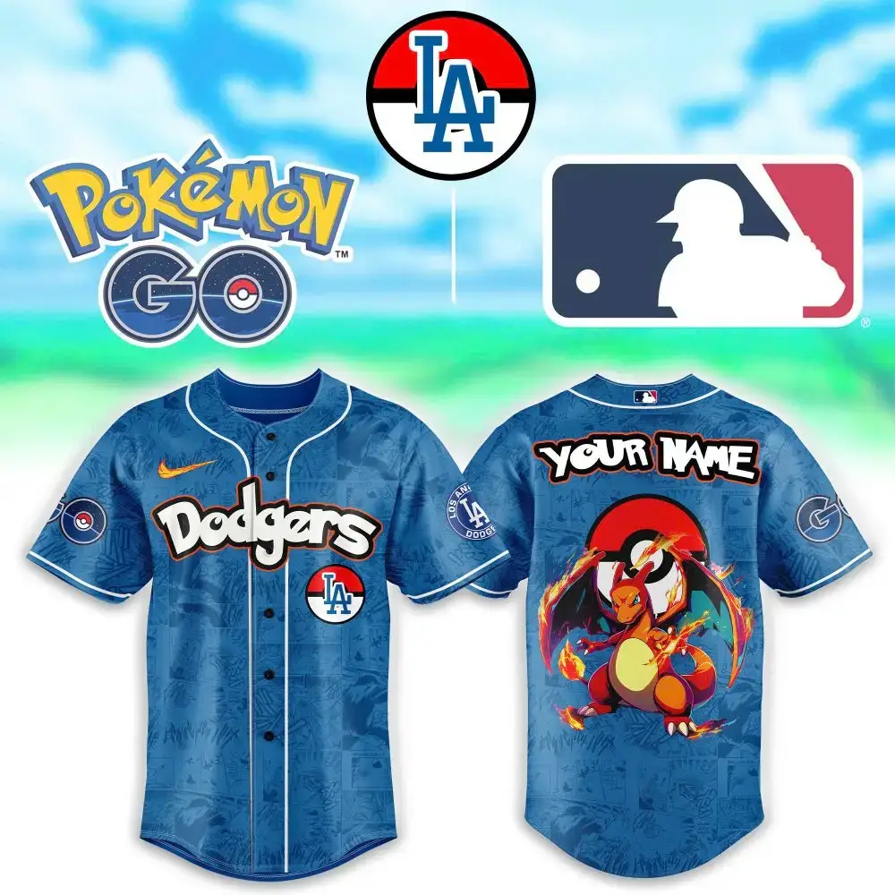 Custom La Dodgers Pokémon Go Jersey - Personalized Name & Charizard Design Image