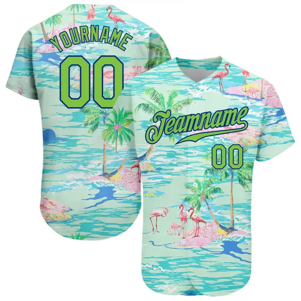 Custom Lakes Blue Neon Green-Royal 3D Pattern Design Beach Hawaii Palm Trees And Flamingo Authentic Baseball Jersey Image