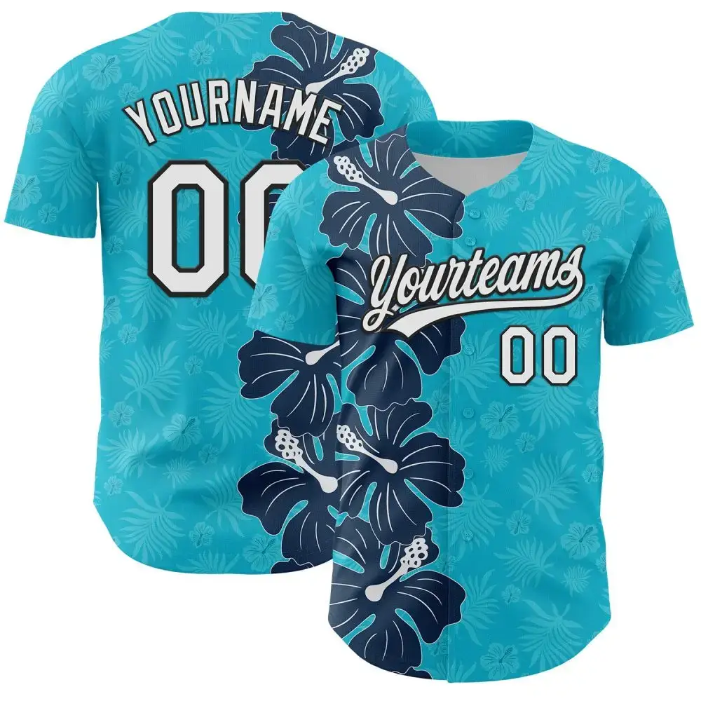Custom Lakes Blue White-Black 3D Tropical Hawaii Jungle Leaves And Flower Authentic Baseball Jersey Image