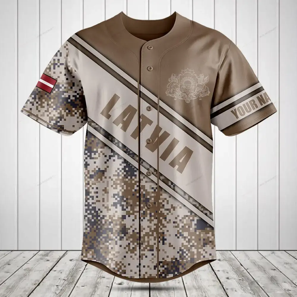 Custom Latvia Camo Baseball Jersey - Personalized Name & Flag Design, Unisex Sportswear Image