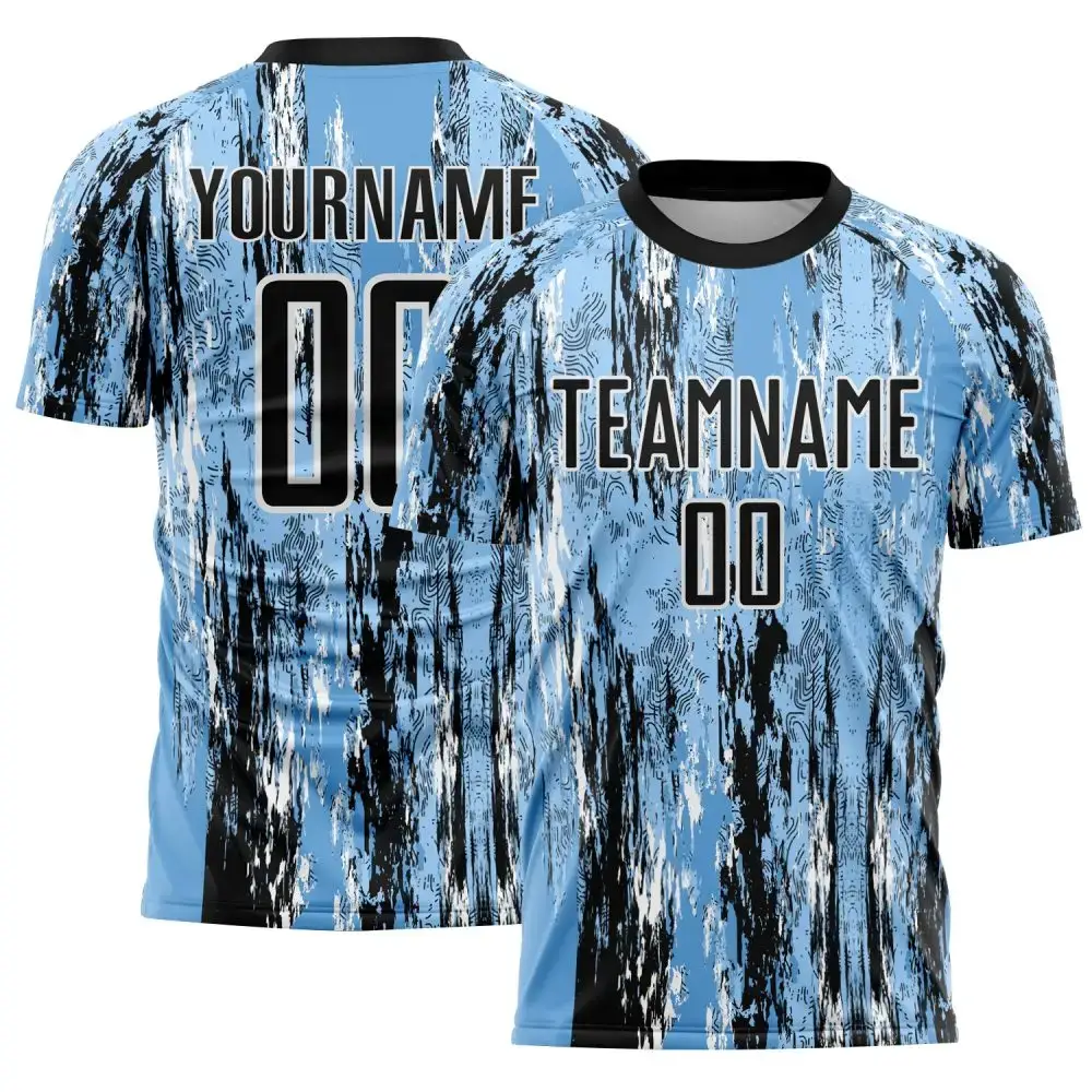 Custom Light Blue Black-White Argentina Splatter Pattern Sports Sublimation Soccer Uniform Jersey Image