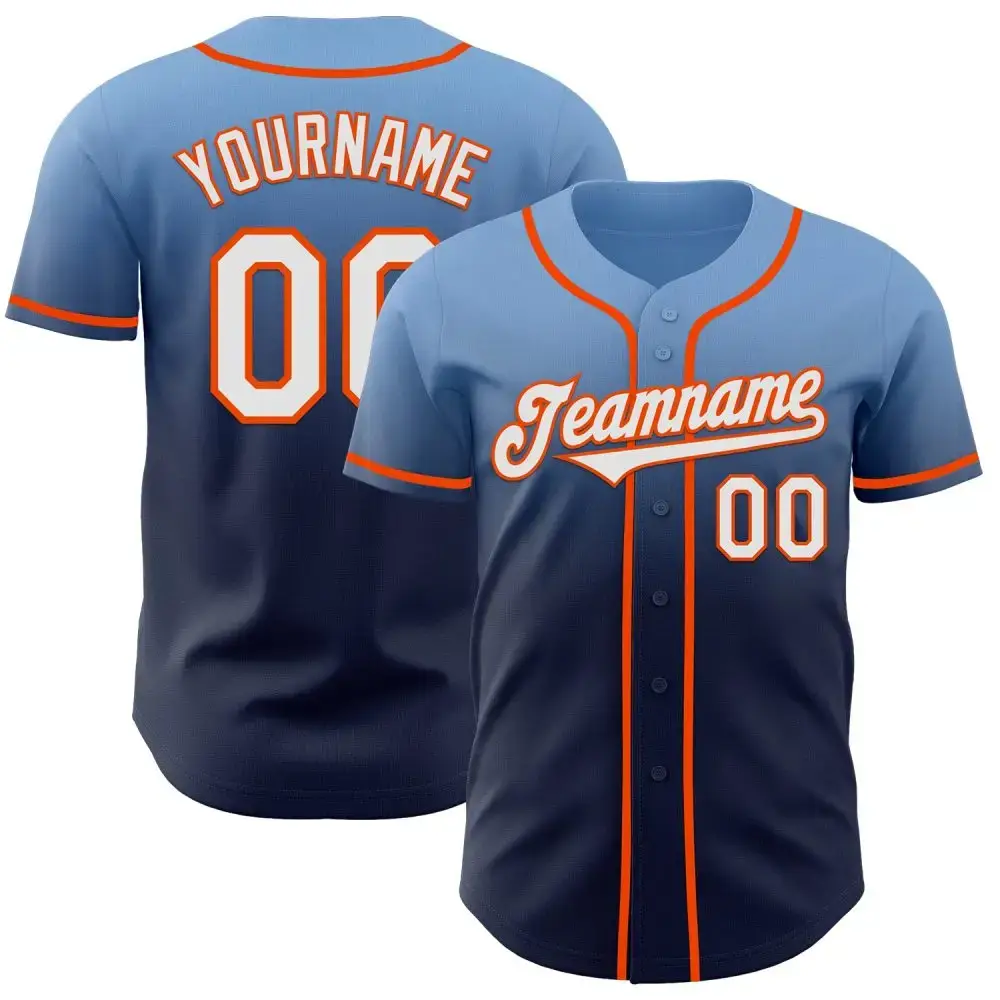 Custom Light Blue Navy-Orange Authentic Fade Fashion Baseball Jersey Image