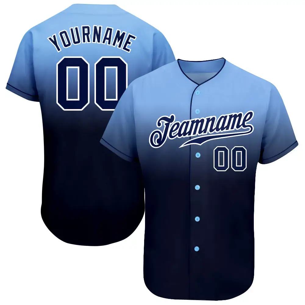 Custom Light Blue Navy-White Authentic Fade Fashion Baseball Jersey Image