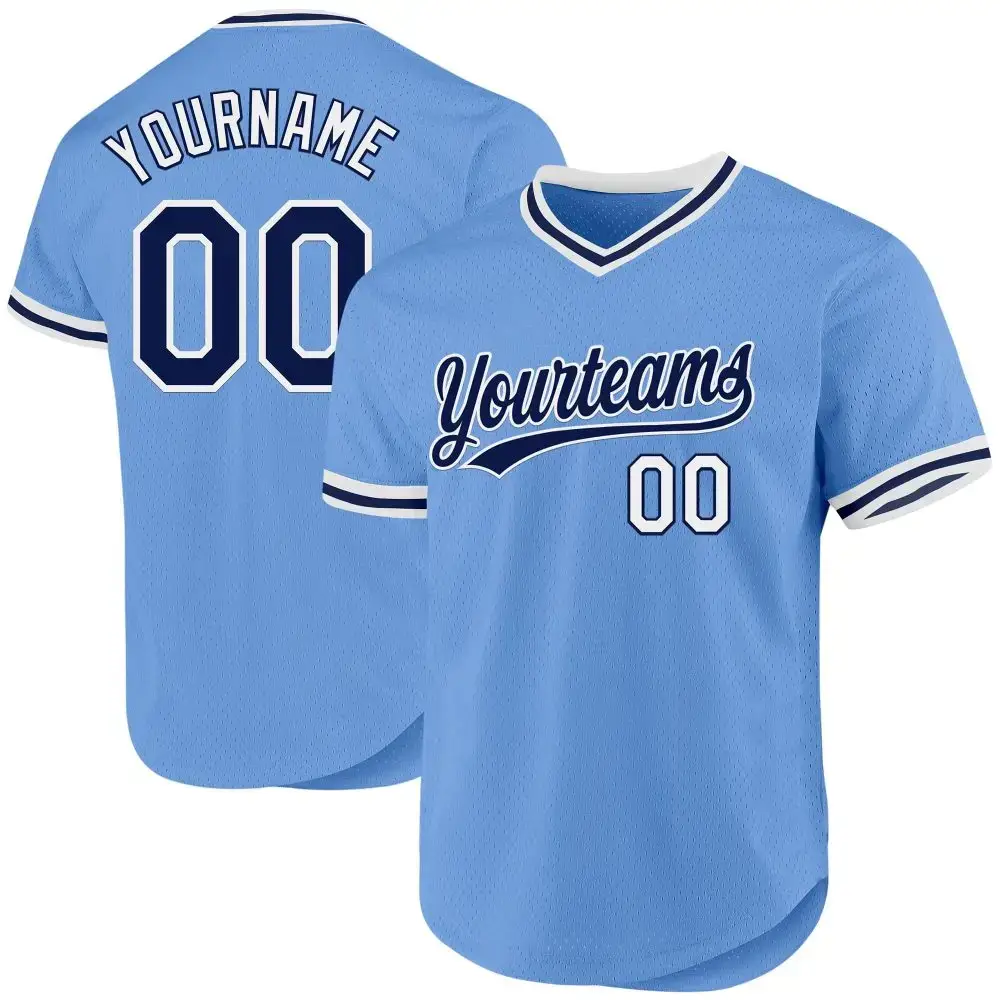Custom Light Blue Navy-White Authentic Throwback Baseball Jersey Image