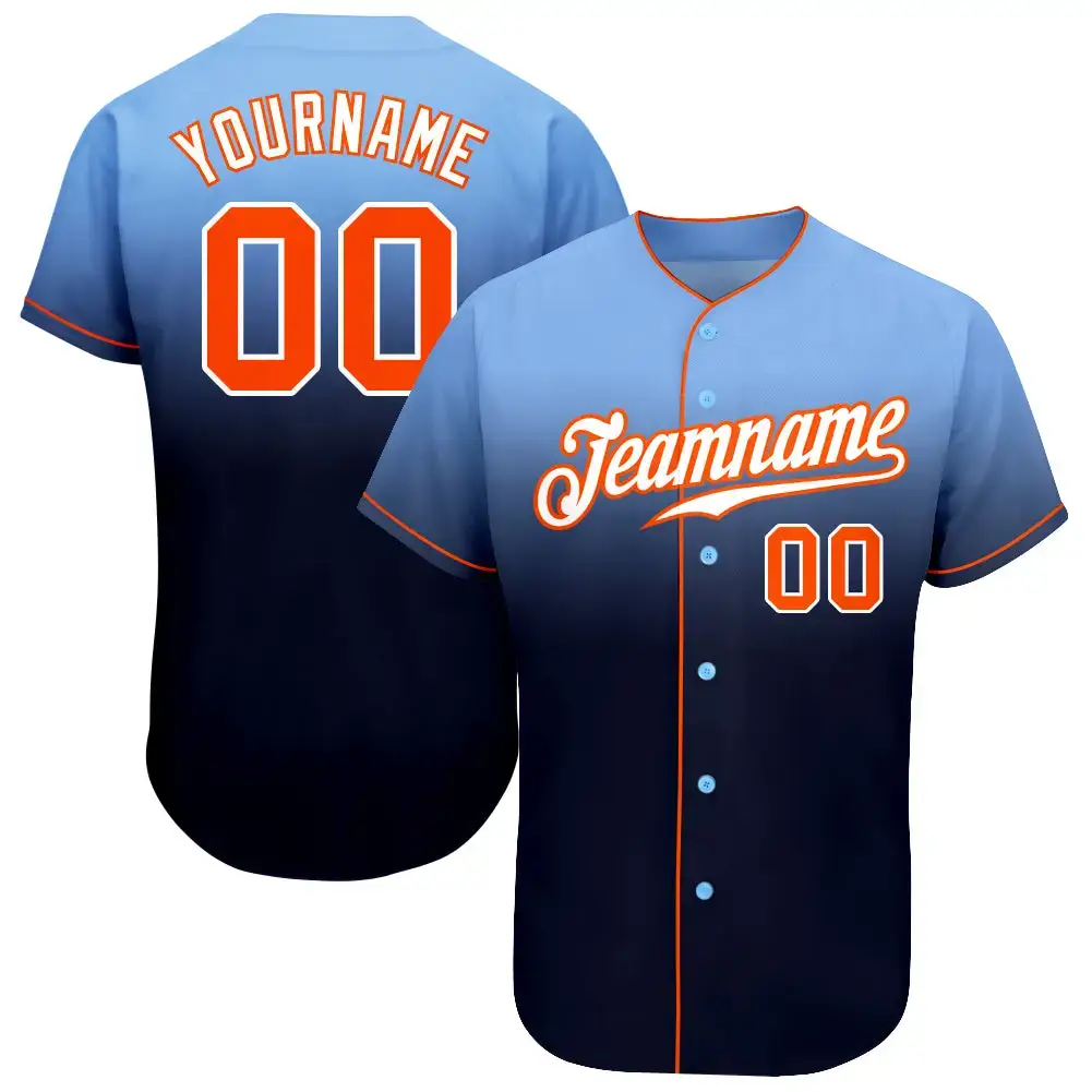 Custom Light Blue Orange-Navy Authentic Fade Fashion Baseball Jersey Image