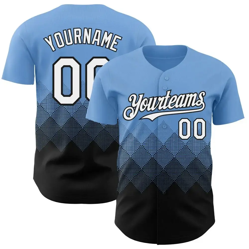 Custom Light Blue White-Black 3D Gradient Square Shape Authentic Baseball Jersey Image