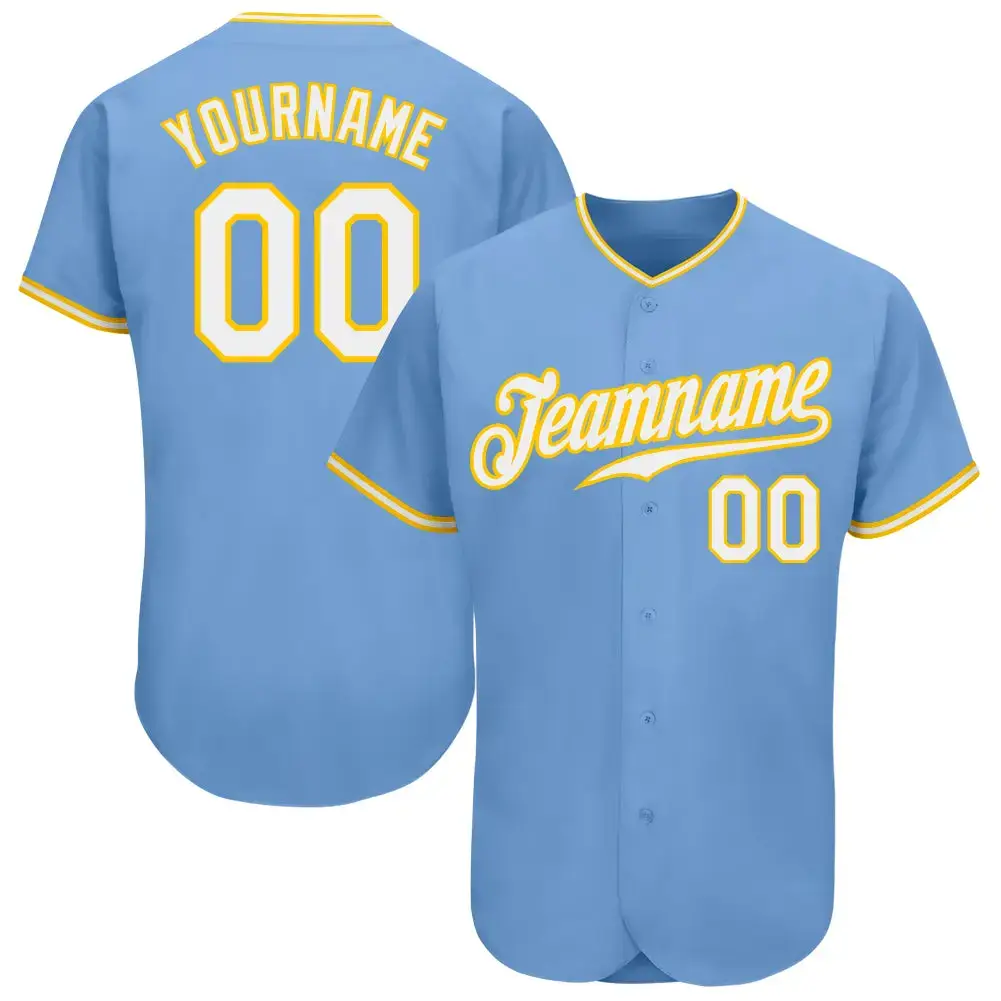 Custom Light Blue White-Gold Authentic Baseball Jersey Image