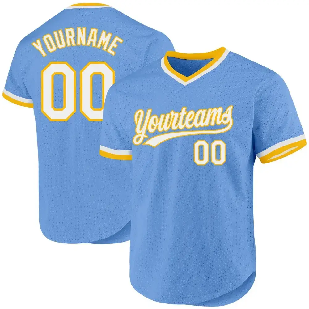 Custom Light Blue White-Gold Authentic Throwback Baseball Jersey Image
