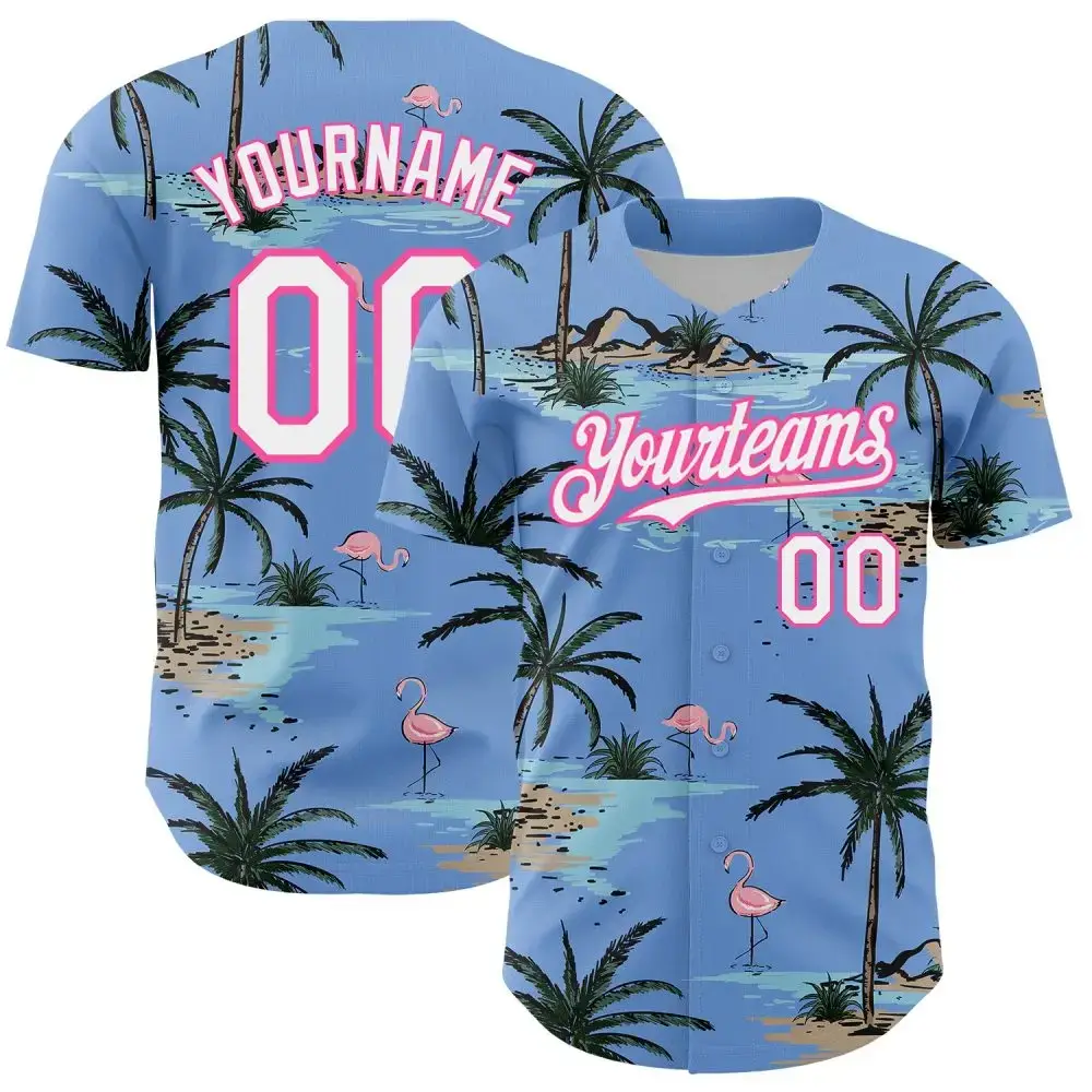Custom Light Blue White-Pink 3D Pattern Design Tropical Hawaii Palm Trees Authentic Baseball Jersey Image