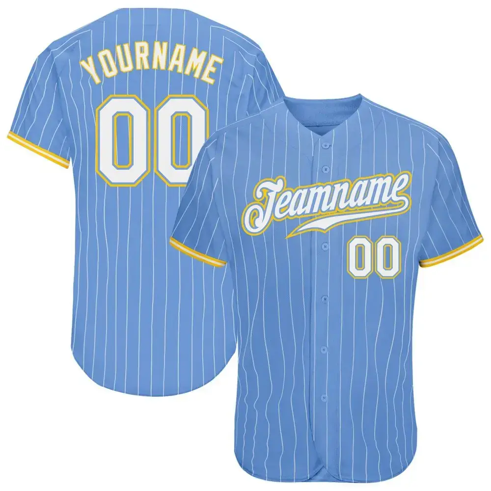Custom Light Blue White Pinstripe White-Gold Authentic Baseball Jersey Image