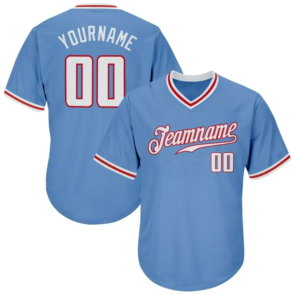 Custom Light Blue White-Red Authentic Throwback Rib-Knit Baseball Jersey Shirt Image