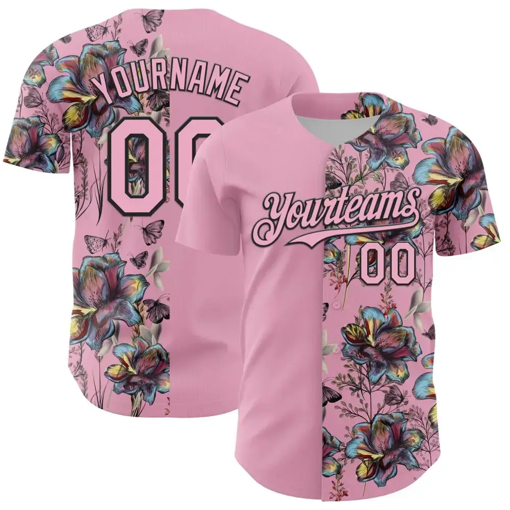 Custom Light Pink Black 3D Pattern Design Vintage Tattoos Authentic Baseball Jersey Image