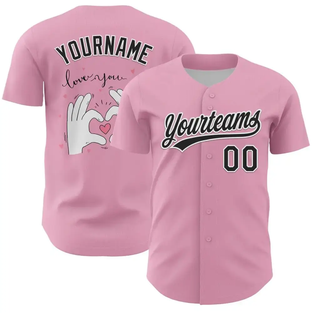 Custom Light Pink Black-White 3D Love Heart Valentine'S Day Authentic Baseball Jersey Image