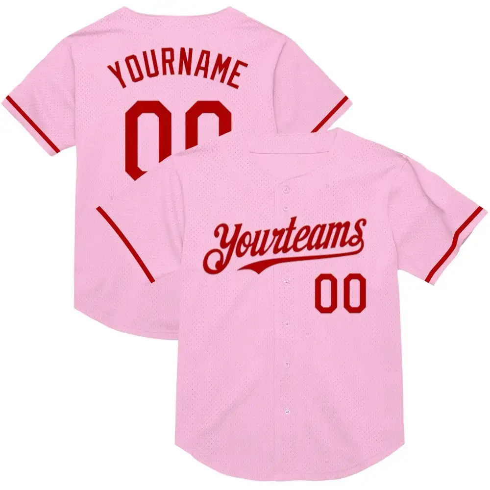 Custom Light Pink Red Mesh Authentic Throwback Baseball Jersey Image