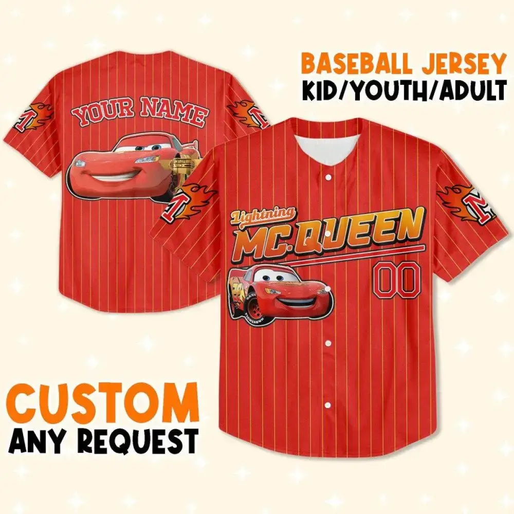 Custom Lightning Mcqueen Baseball Jersey – Kids/Youth/Adult – Personalized Cars Design Image