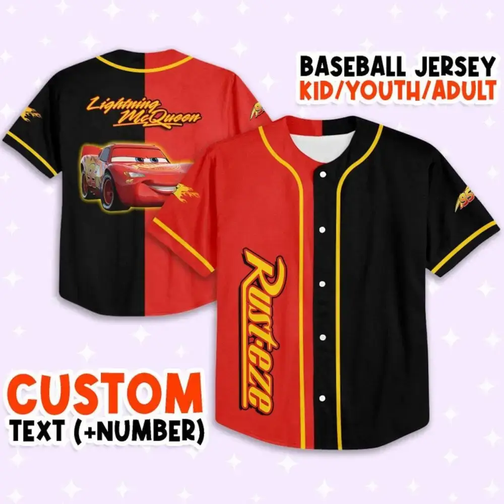 Custom Lightning Mcqueen Baseball Jersey – Kids/Youth/Adult Sizes – Add Your Text & Number! Image