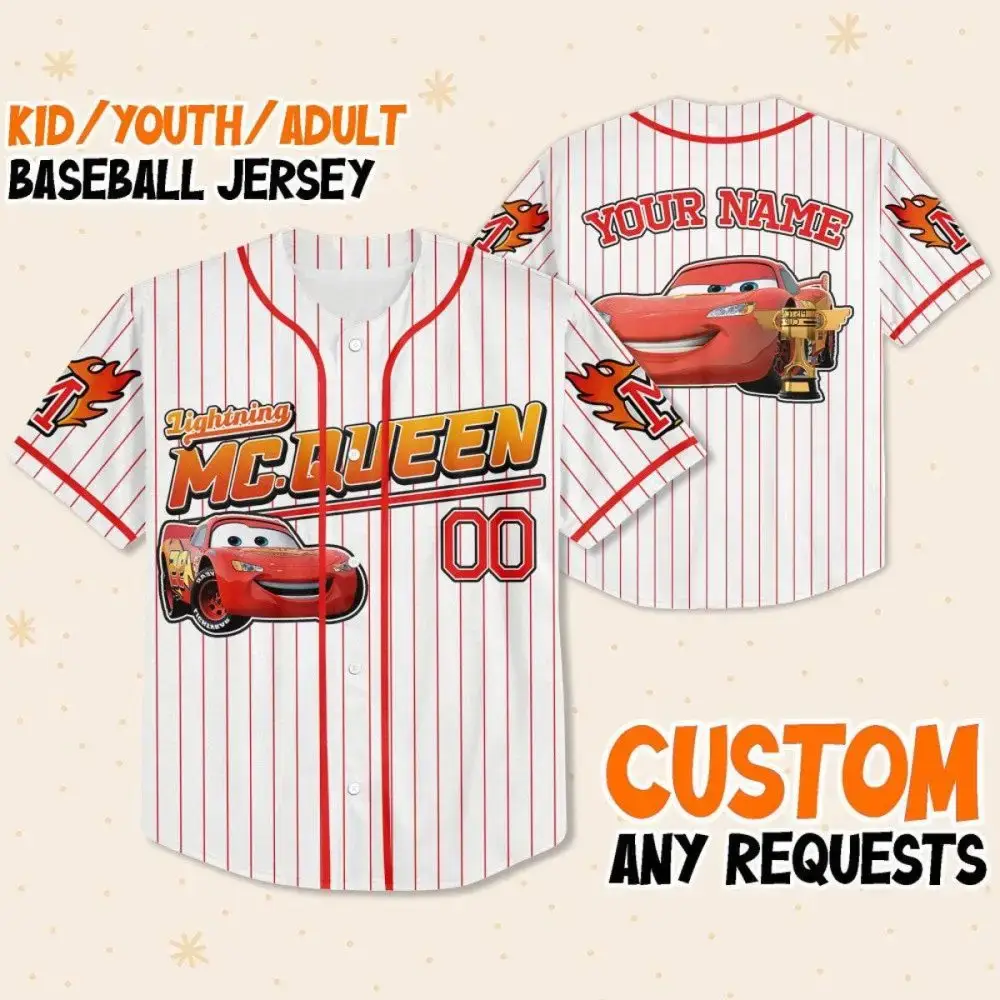 Custom Lightning Mcqueen Baseball Jersey – Kids/Youth/Adult Sizes Available! Image