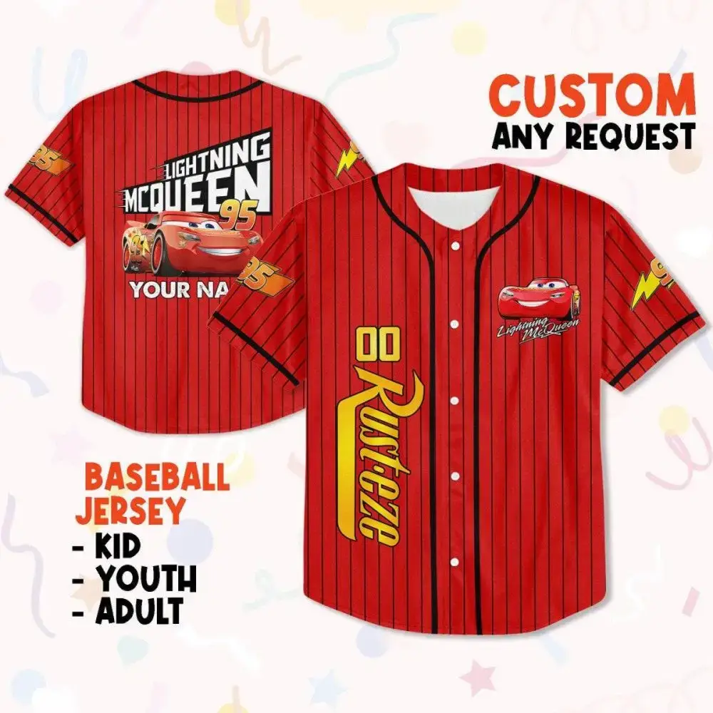 Custom Lightning Mcqueen Baseball Jersey For Kids, Youth & Adults – Personalized Name & Design! Image