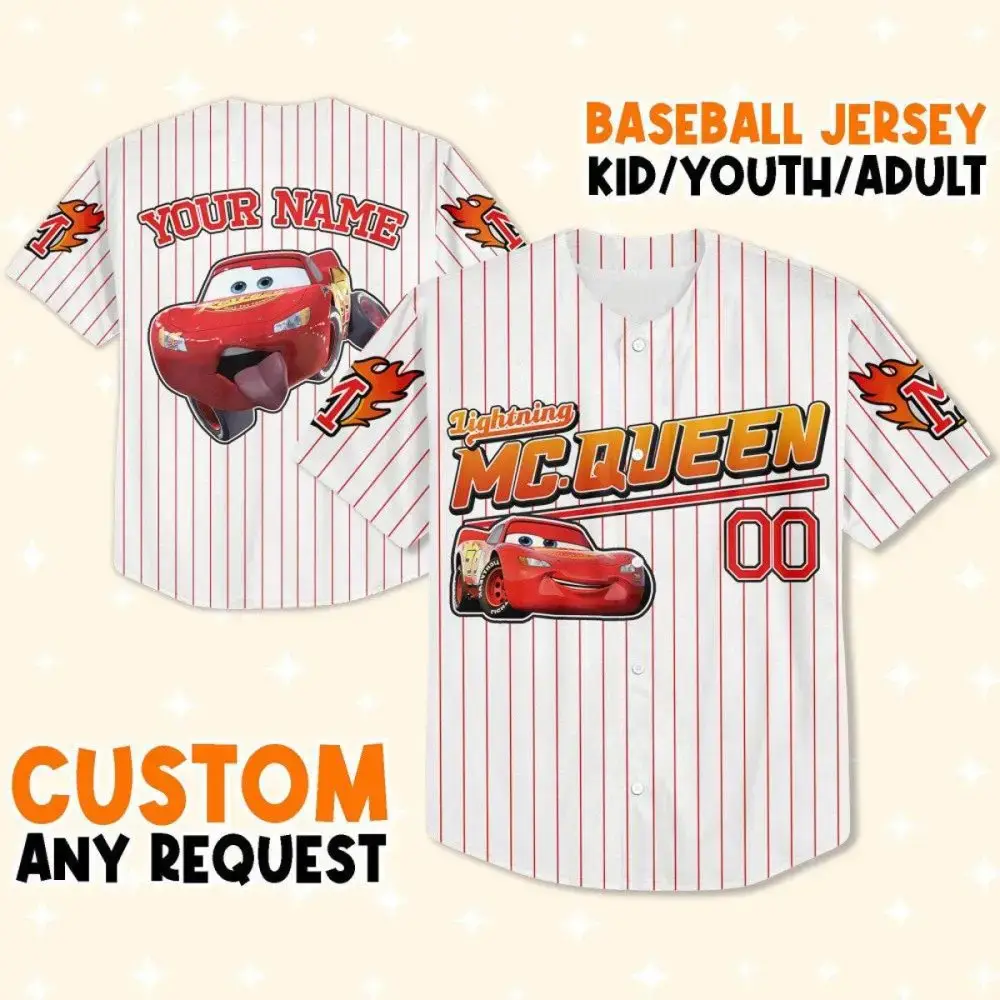 Custom Lightning Mcqueen Baseball Jersey For Kids/Youth/Adults – Personalize With Name! Image