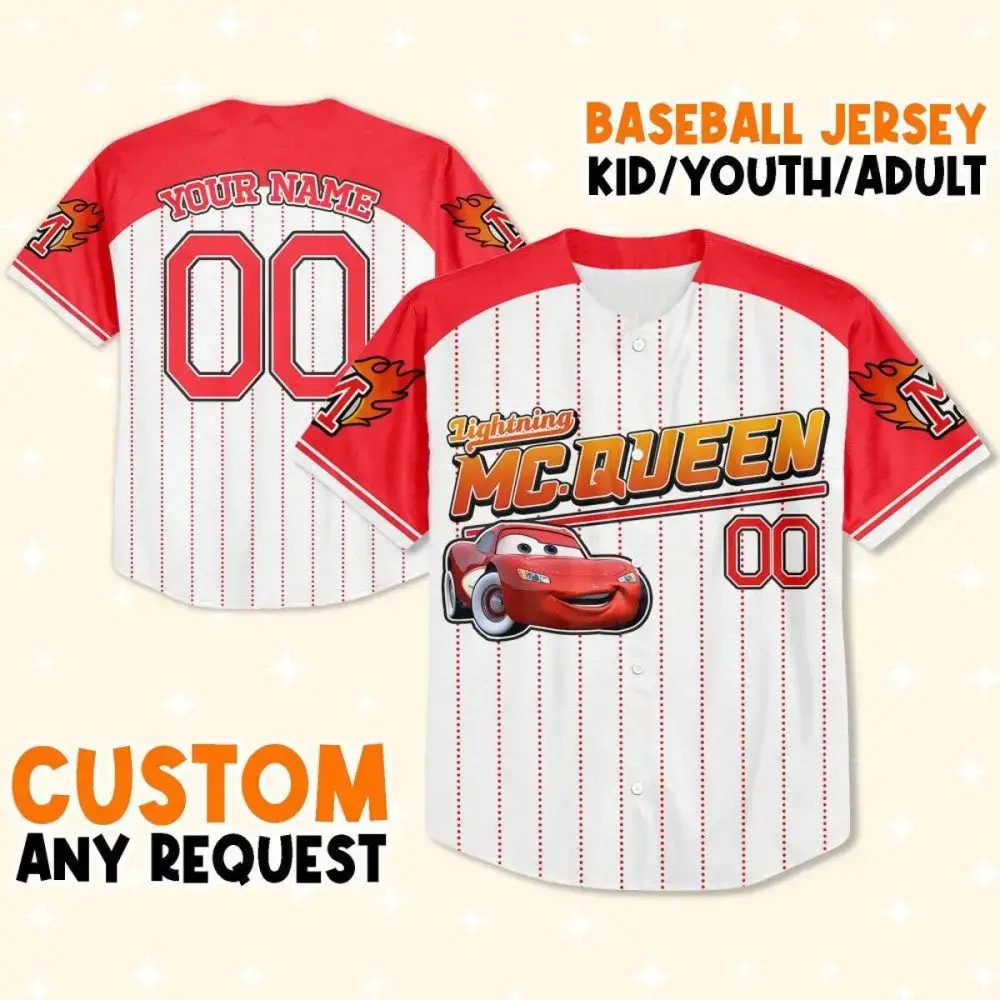 Custom Lightning Mcqueen Baseball Jersey For Kids/Youth/Adults – Personalize Your Name & Number! Image