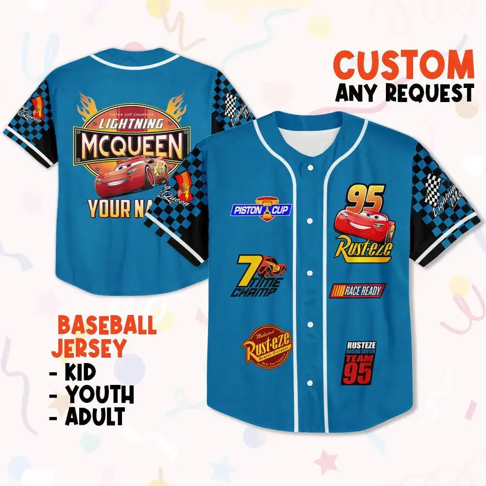 Custom Lightning Mcqueen Baseball Jersey - Kids, Youth, Adult Sizes - Personalized Name Option Image