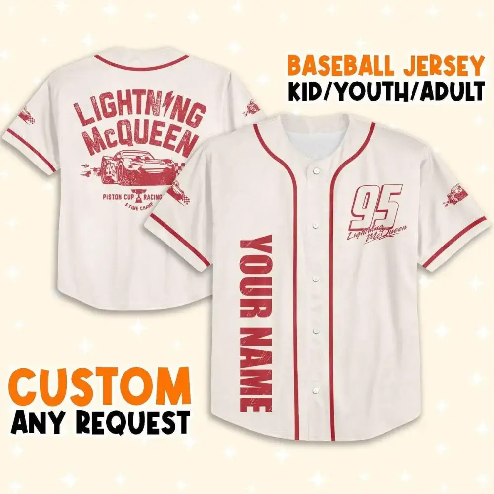 Custom Lightning Mcqueen Baseball Jersey - Kids/Youth/Adult - Personalize Your Name! Image