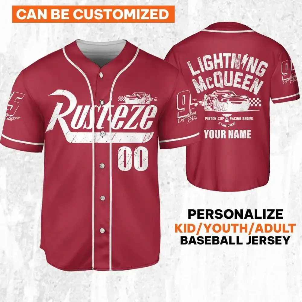 Custom Lightning Mcqueen Baseball Jersey - Kids/Youth/Adult - Personalize Your Name Image