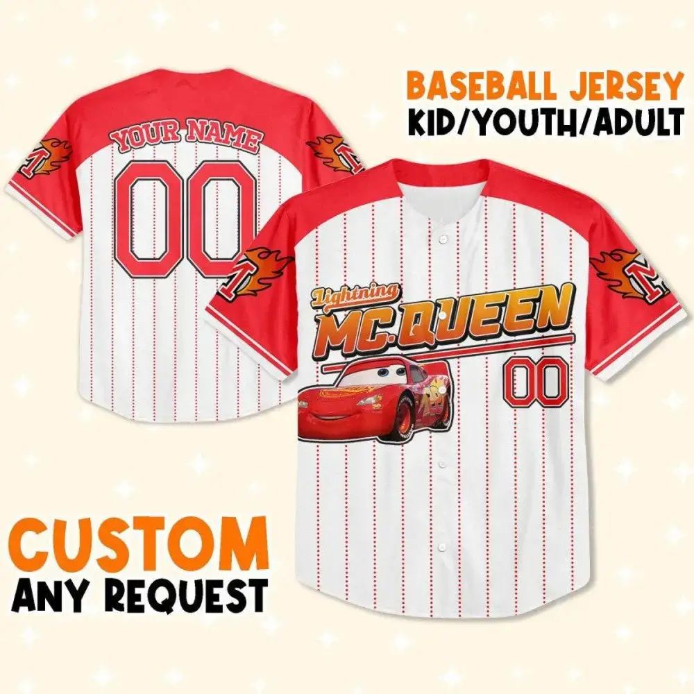 Custom Lightning Mcqueen Baseball Jersey - Youth/Adult Sizes - Personalize Name & Number! Image