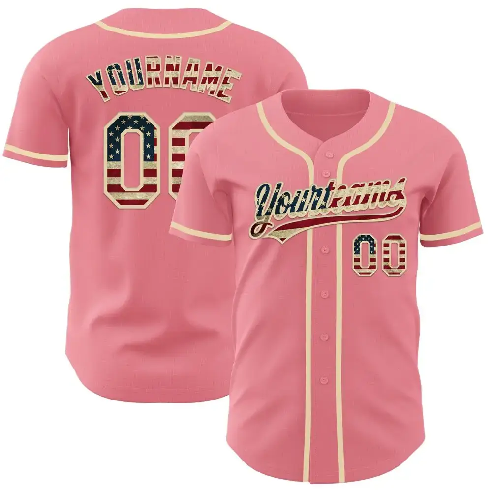 Custom Medium Pink Vintage Usa Flag-Cream Authentic Baseball Jersey Image