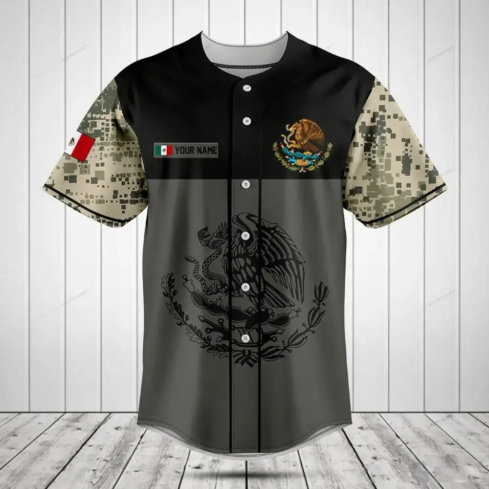 Custom Mexican Flag Baseball Jersey - Camo Sleeves & Personalized Name Image