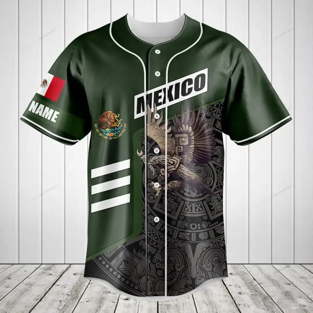 Custom Mexico Flag Baseball Jersey – Aztec Eagle Design, Personalized Name Image