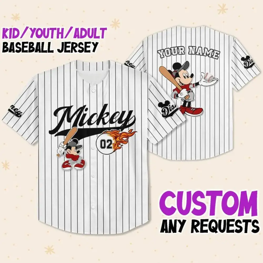 Custom Mickey Fire Whie Black Disney Personalized Baseball Jersey For Fans Image