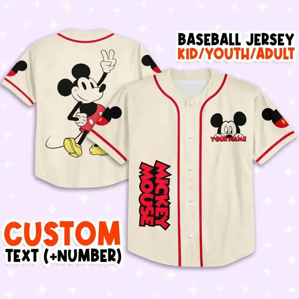 Custom Mickey Mouse Baseball Jersey - Kids/Youth/Adult - Personalized Text & Number Image