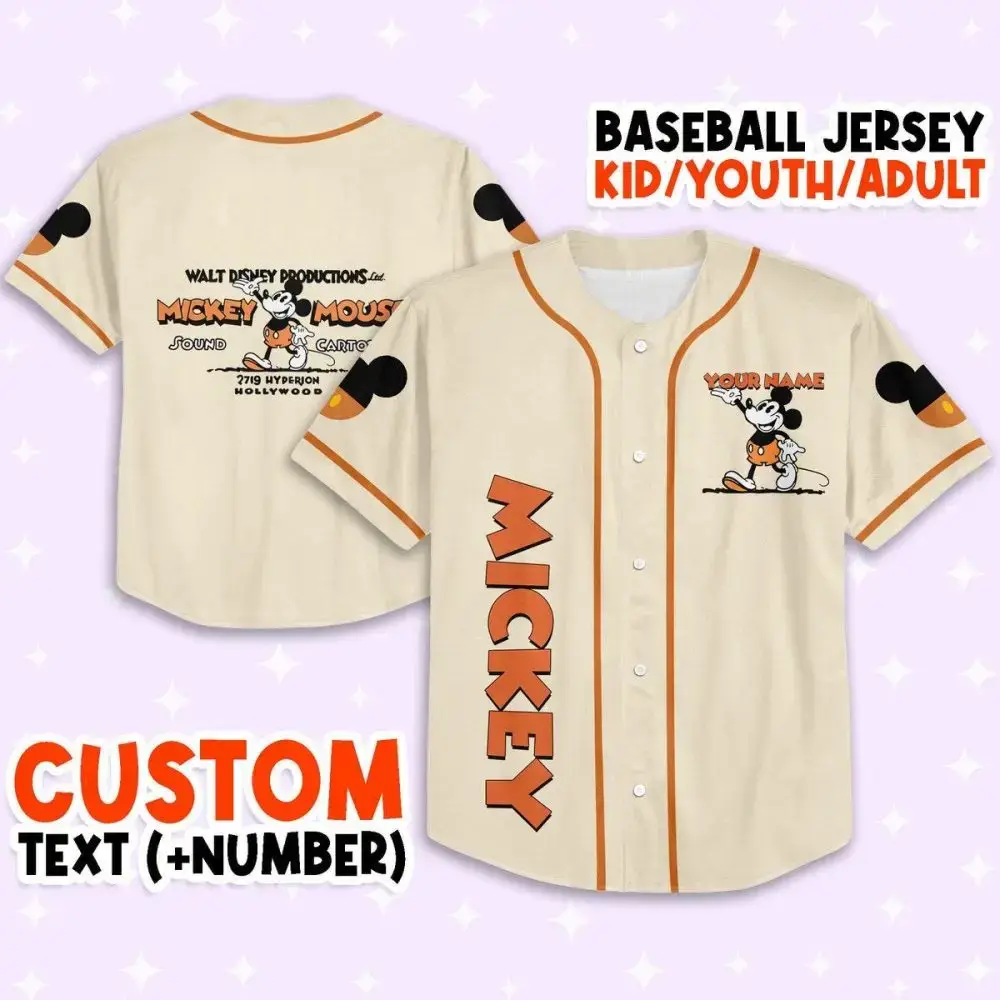 Custom Mickey Mouse Baseball Jersey - Kids/Youth/Adult Sizes - Personalized Text & Number Image