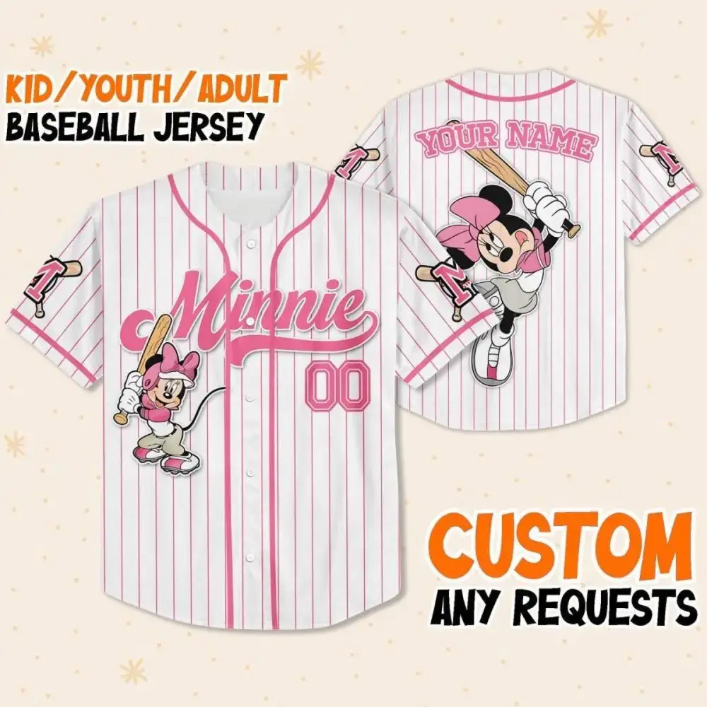 Custom Minnie Mouse Baseball Jersey For Kids/Youth/Adults – Personalize Your Name! Image
