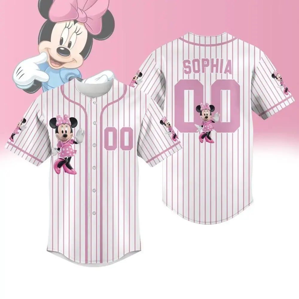 Custom Minnie Mouse Pink Striped Baseball Jersey – Personalized Kids Gift Image