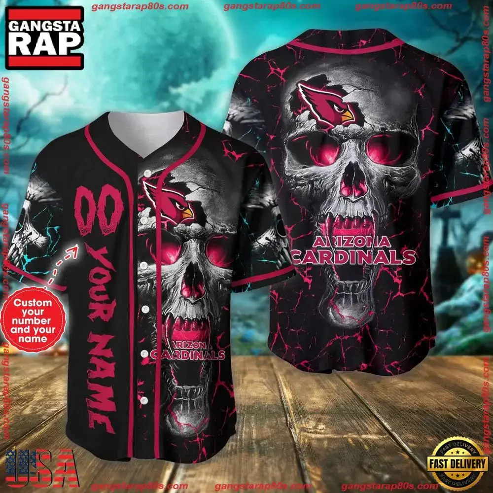 Custom Name And Number Arizona Cardinals NFL Team Skull Baseball Jersey Shirt Image