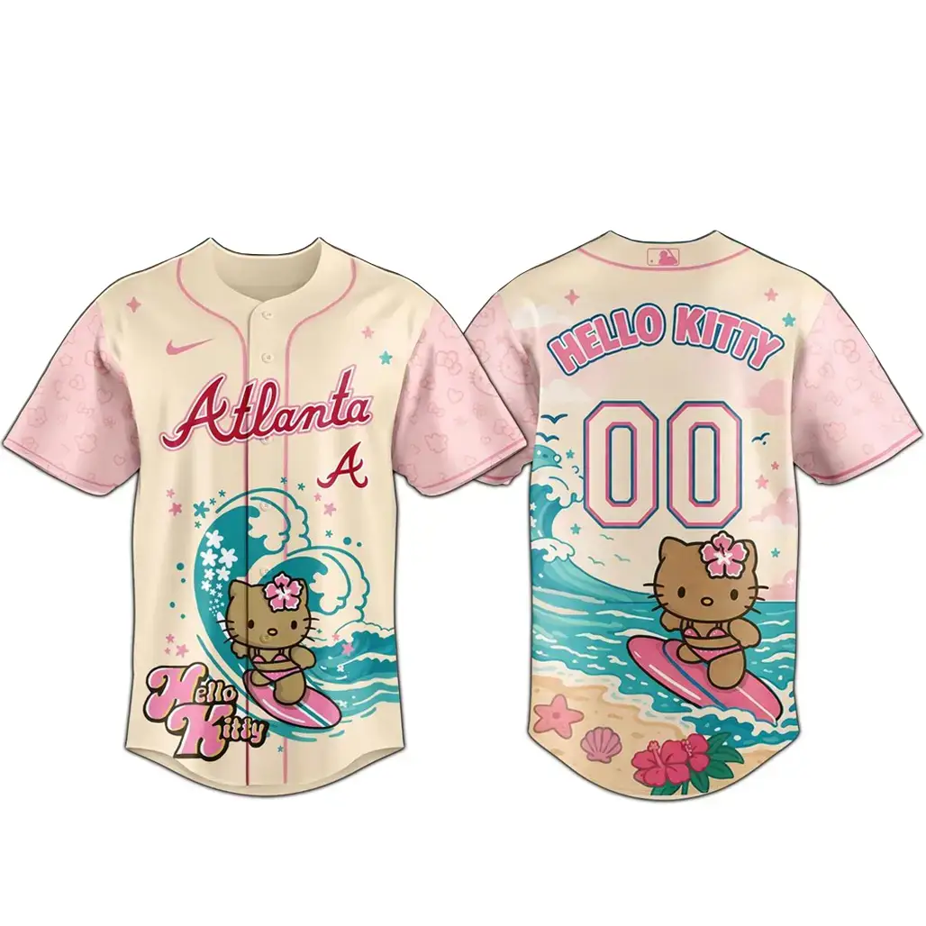 Custom Name and Number Atlanta Braves x Hello Kitty Surfing Kawaii Summer 2026 Baseball Jersey Image