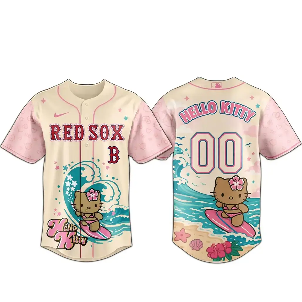 Custom Name and Number Boston Red Sox x Hello Kitty Surfing Kawaii Summer 2026 Baseball Jersey Image
