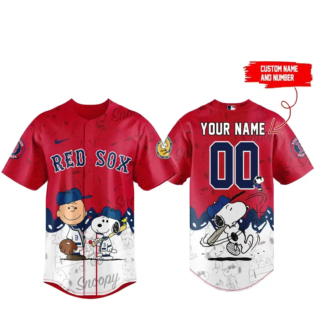 Custom Name and Number Boston Red Sox x Peanuts Night 2026 Baseball Jersey Image