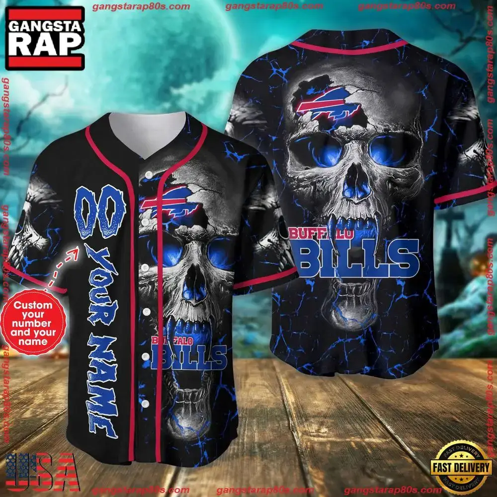 Custom Name And Number Buffalo Bills NFL Team Skull Baseball Jersey Shirt Image