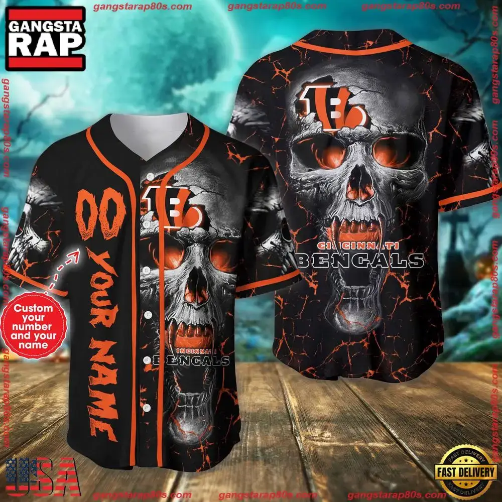 Custom Name And Number Cincinnati Bengals NFL Team Skull Baseball Jersey Shirt Image