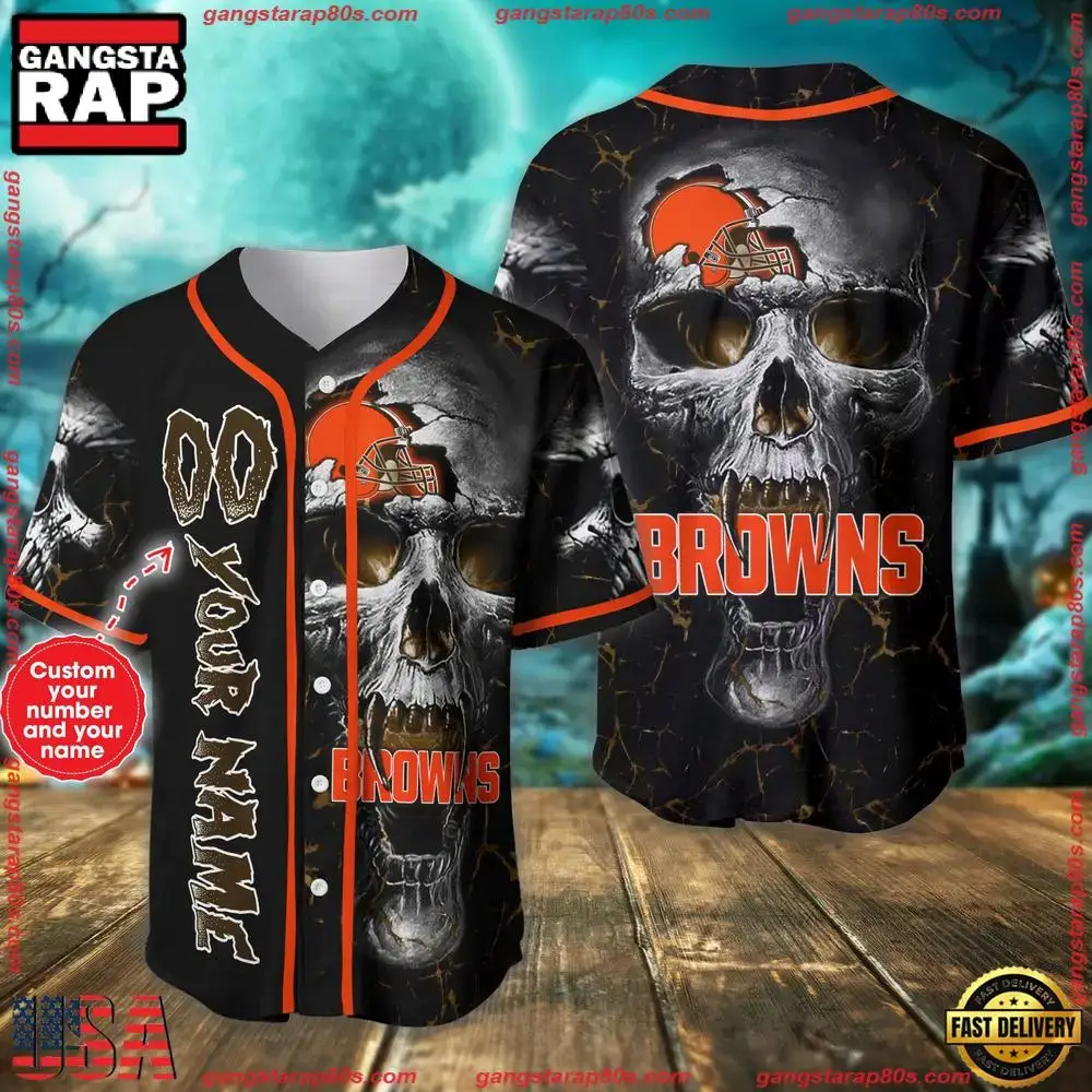 Custom Name And Number Cleveland Browns NFL Team Skull Baseball Jersey Shirt Image