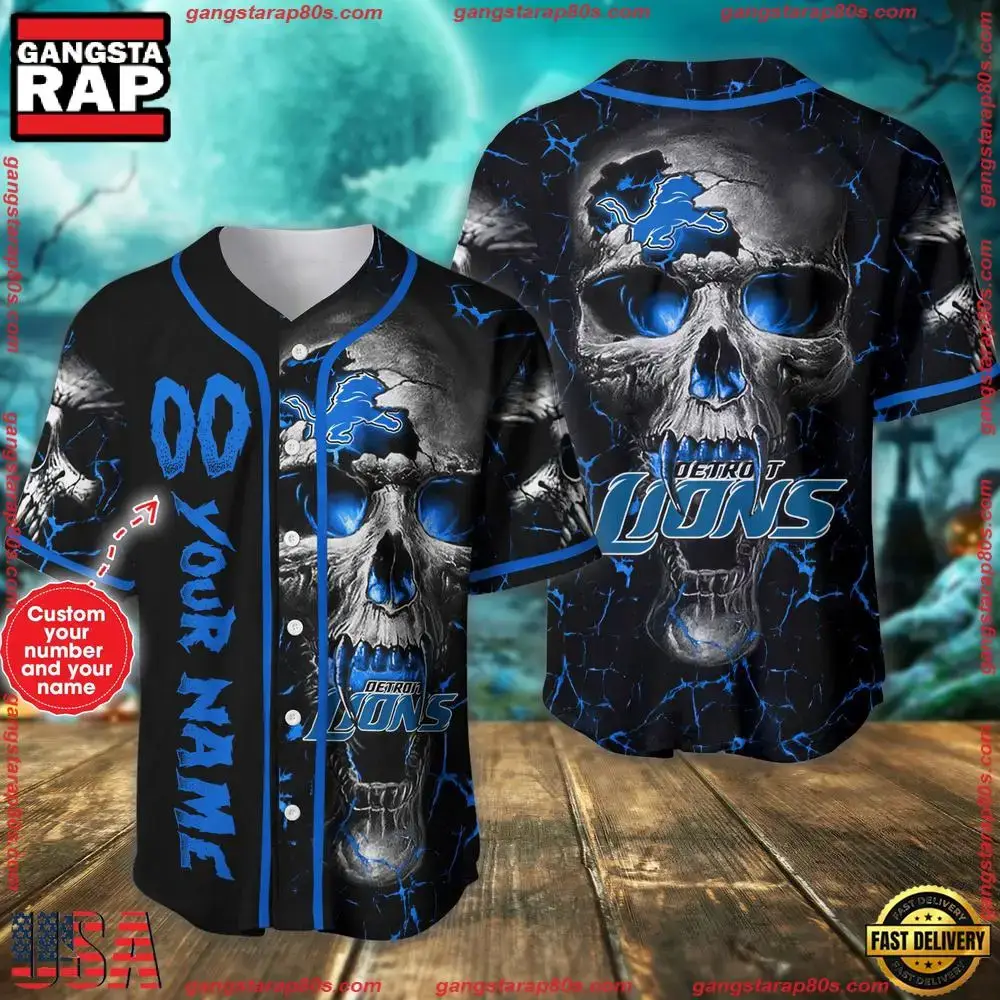 Custom Name And Number Detroit Lions NFL Team Skull Baseball Jersey Shirt Image