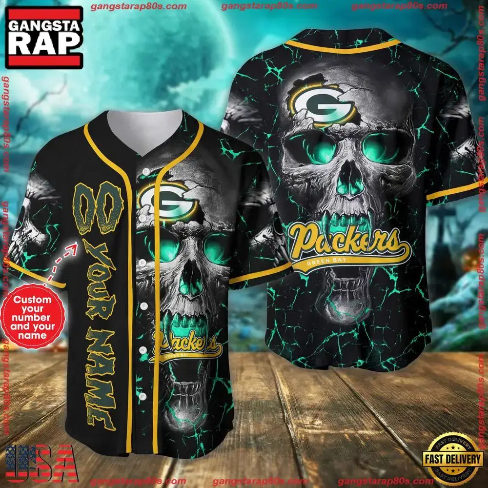 Custom Name And Number Green Bay Packers NFL Team Skull Baseball Jersey Shirt Image