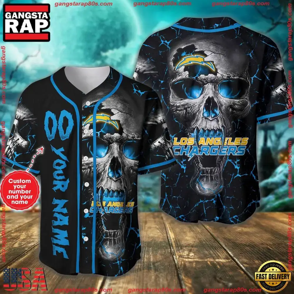 Custom Name And Number Los Angeles Chargers NFL Team Skull Baseball Jersey Shirt Image